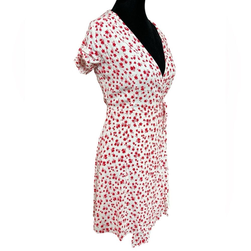 & Other Stories Floral Wrap Mini Dress Red White Ditzy Print V Neck Size Medium - Picture 2 of 9